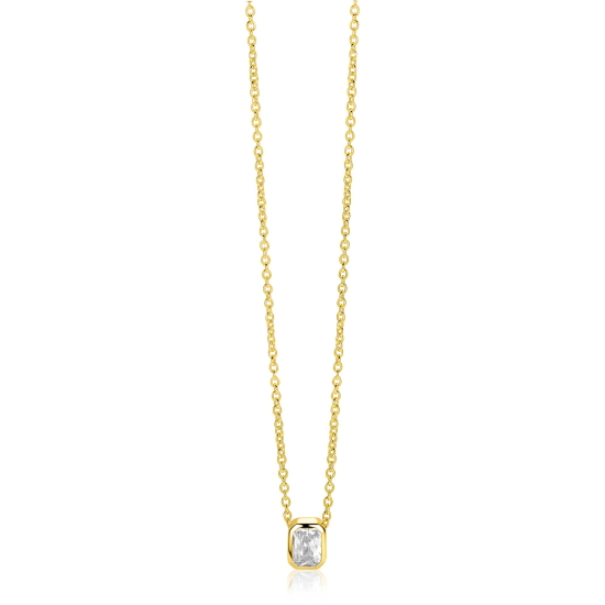 ZINZI gold plated zilveren collier 45cm met een rechthoekige gladde kastzetting (9mm), bezet met een witte zirkonia ZIC2899