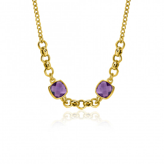 ZINZI gold plated zilveren gourmet schakel ketting met twee vierkante paarse kleurstenen 40-45cm ZIC-BF122