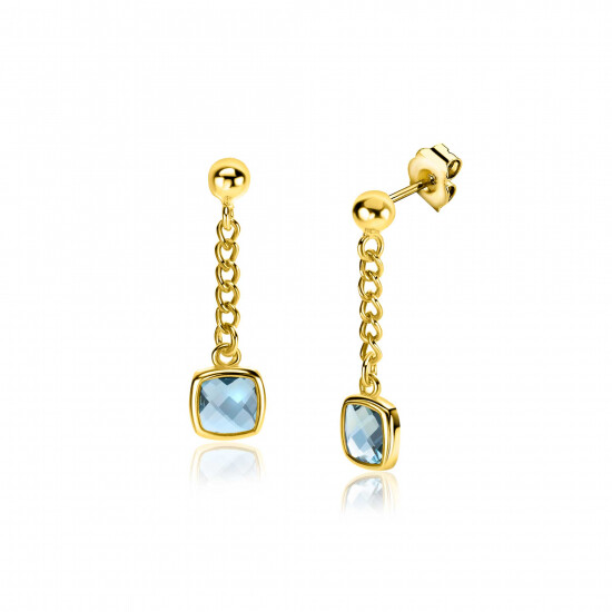25mm ZINZI gold plated zilveren oorstekers met gourmet kettinkje en vierkante zetting bezet met indigo blauwe kleursteen ZIO2417G