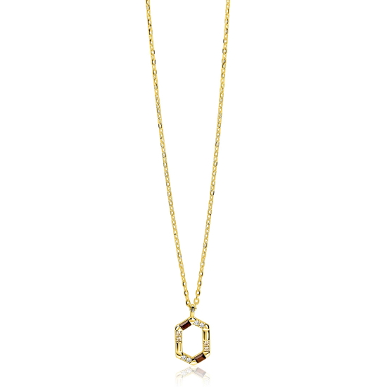 ZINZI gold plated zilveren ketting met zeshoekige hanger (18mm) bezet met champagne, bruine en witte kleurstenen 42-45cm ZIC2869