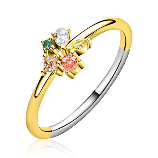 ZINZI gold plated zilveren ring met een speelse combinatie van bruine, groene en witte kleurstenen in verschillende slijpvormen ZIR2867
