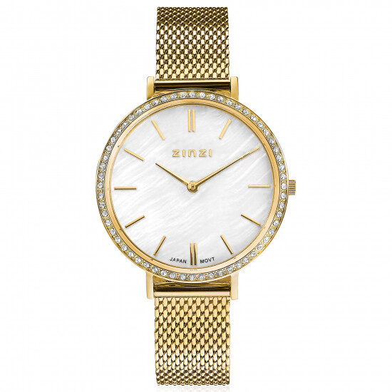 ZINZI horloge GRACE 34mm wit parelmoer wijzerplaat, rondom bezet met witte crystals, goudkleurige stalen kast en band ziw1334