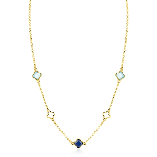ZINZI gold plated zilveren schakelketting met twee licht blauwe klavers en een saffier blauwe klaver 40-45cm ZIC2906