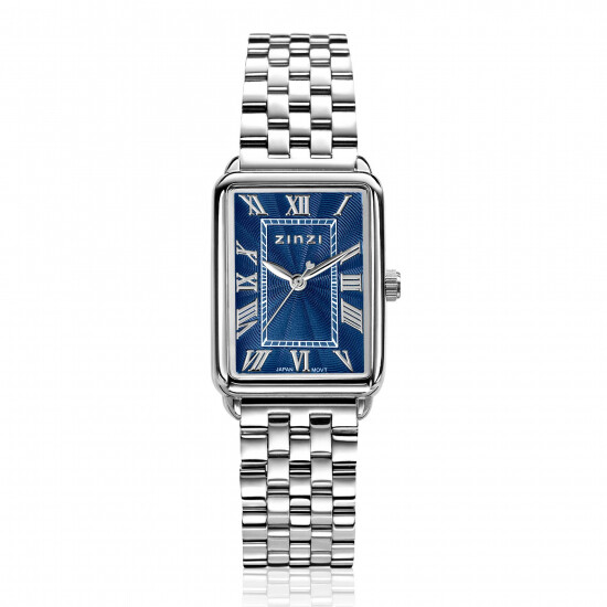 ZINZI Elegance horloge blauwe wijzerplaat en rechthoekige kast stalen schakelband 28mm extra dun ZIW1955