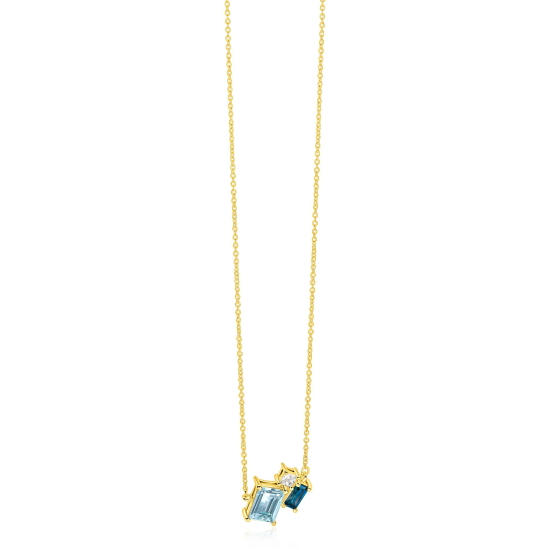 ZINZI gold plated zilveren collier 45cm met geometrische hanger (14mm) in lichtblauw, petrolblauw en wit ZIC2897