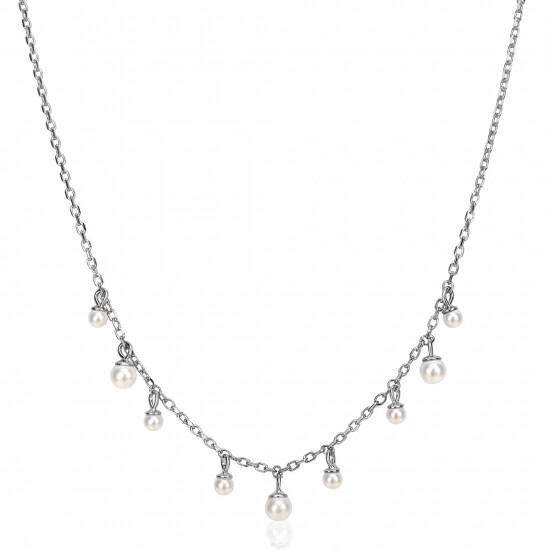 ZINZI zilveren schakelketting met negen ronde witte glasparels in verschillende groottes, speels verdeeld over de ketting 40-45cm ZIC2623