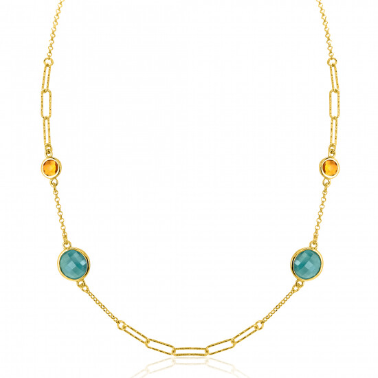 ZINZI gold plated zilveren fantasie ketting met paperclip schakels en vier ronde zettingen bezet met smaragd groene en citrien donkergele kleurstenen 40-45cm ZIC2418G