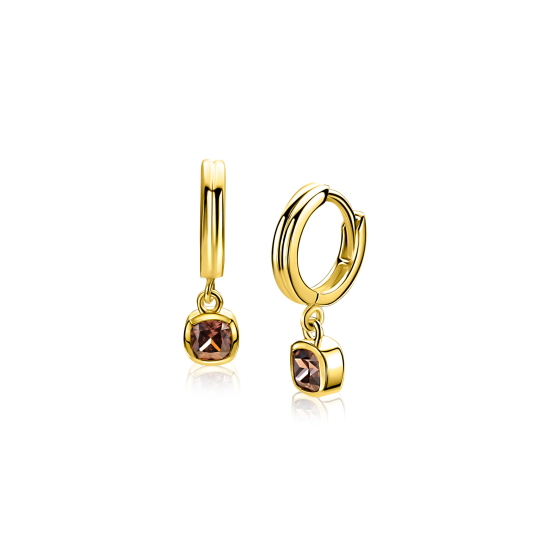 19mm ZINZI gold plated zilveren oorringen met bungelende vierkante bruine zirkonia's ZIO-BF154
