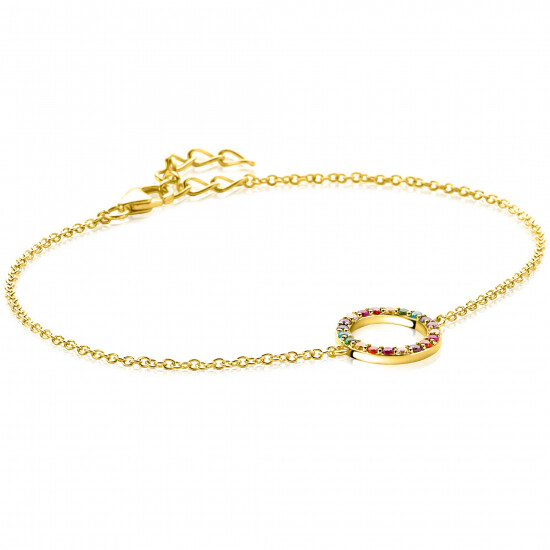 ZINZI gold plated zilveren armband met open rondje 12mm bezet regenboog 17-20cm ZIA2170