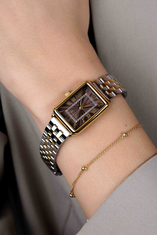 ZINZI Elegance horloge 28mm bruine wijzerplaat en rechthoekige kast stalen bicolor schakelband Japans uurwerk ZIW1936