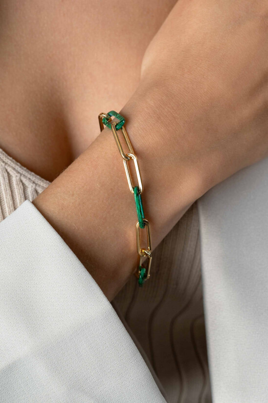 ZINZI zlv. armband gg.verg.paperclip met malachiet
