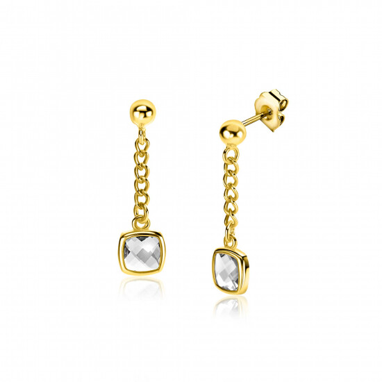 25mm ZINZI gold plated zilveren oorstekers met gourmet kettinkje en vierkante zetting bezet met witte zirconia ZIO2417Y