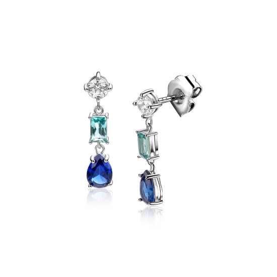 22mm ZINZI zilveren oorstekers bezet met een ronde witte zirkonia, licht aquablauwe rechthoekige kleursteen en diepblauwe peervormige kleursteen ZIO2901