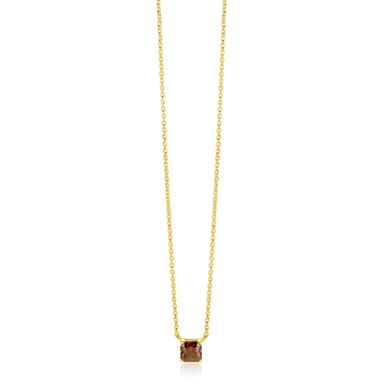 ZINZI gold plated zilveren ketting met vierkante bruine zirkonia 6mm 42-45cm ZIC-BF141

