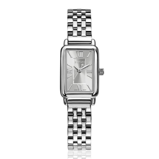 ZINZI Small Elegance horloge zilverkleurige sunray wijzerplaat en rechthoekige kast stalen schakelband 22mm extra dun ZIW2802