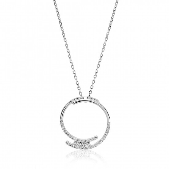 ZINZI zilveren ketting met grote open ronde hanger 25mm bezet met witte zirkonia's 45-50 cm ZIC2645