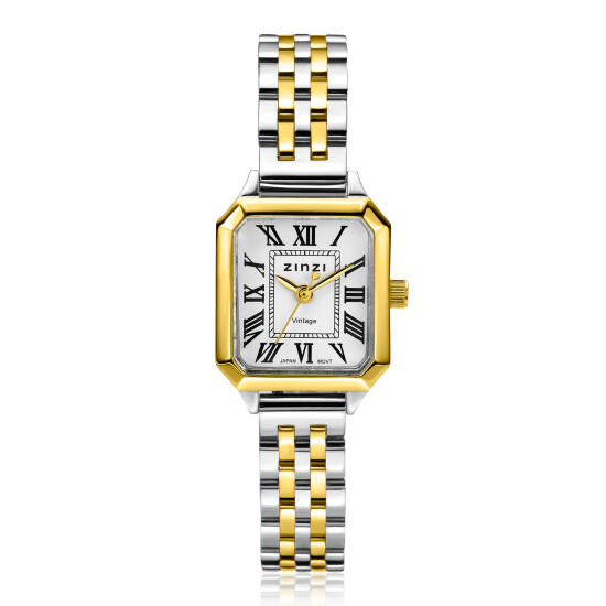 ZINZI Vintage horloge 24mm achthoekige geelgoudkleurige kast, witte wijzerplaat, bicolor stalen band en Japans uurwerk ZIW2607