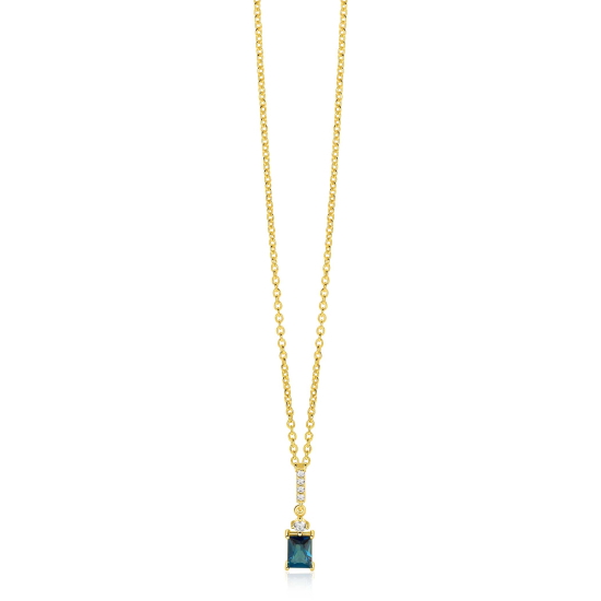 ZINZI gold plated zilveren collier 45cm met sierlijke rechthoekige hanger (22mm) met diep petrolblauwe kleursteen ZIC2896