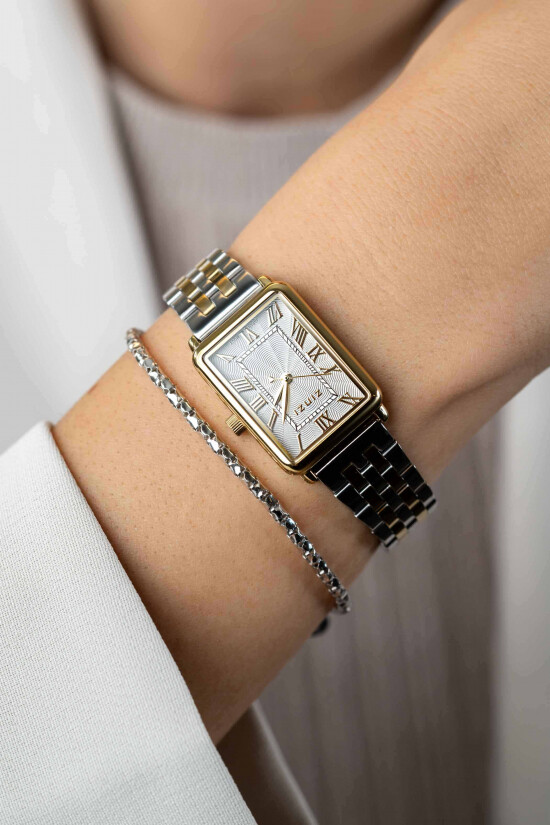 ZINZI Elegance bicolor horloge witte wijzerplaat en rechthoekige goudkleurige kast en bicolor stalen schakelband 28mm extra dun ZIW1907