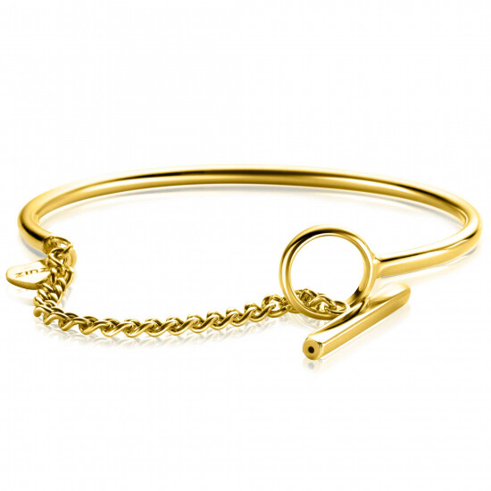 ZINZI gold plated zilveren gladde bangle armband 3mm breed met kapittel sluiting en gourmet kettinkje 65mm ZIA-BF73G