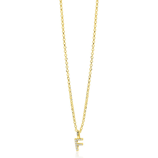 ZINZI gold plated zilveren letter hanger F bezet met witte zirkonia's ZIH2828-F (zonder ketting)