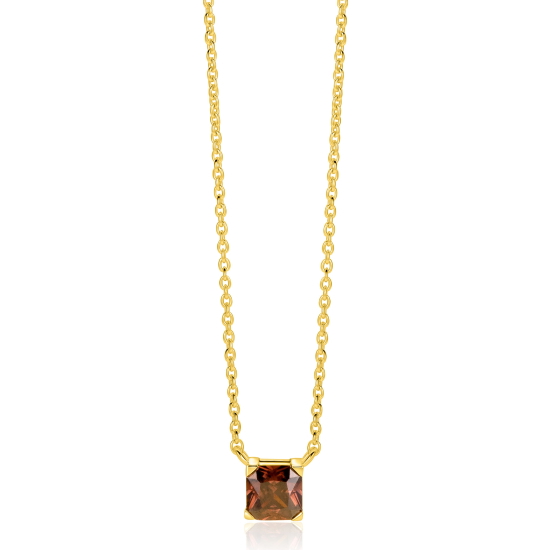 ZINZI gold plated zilveren ketting met vierkante bruine zirkonia 6mm 42-45cm ZIC-BF141
