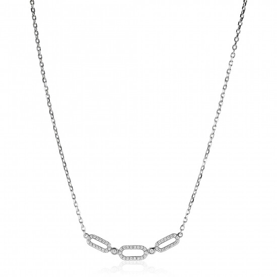 ZINZI zilveren ketting 45cm met drie ovale schakels, bezet met witte zirconia's ZIC2398