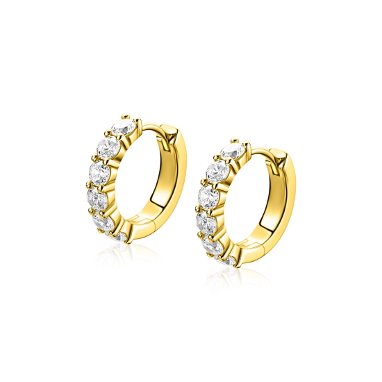 15mm ZINZI gold plated zilveren tennis oorringen bezet met zes ronde witte zirkonia's, 3mm buisdikte en luxe klapsluiting ZIO2888Y