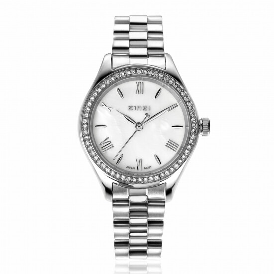 ZINZI Tresor horloge 32mm bezet met witte zirkonia's, parelmoer wijzerplaat en zilverkleurige stalen kast en schakelband ZIW2417