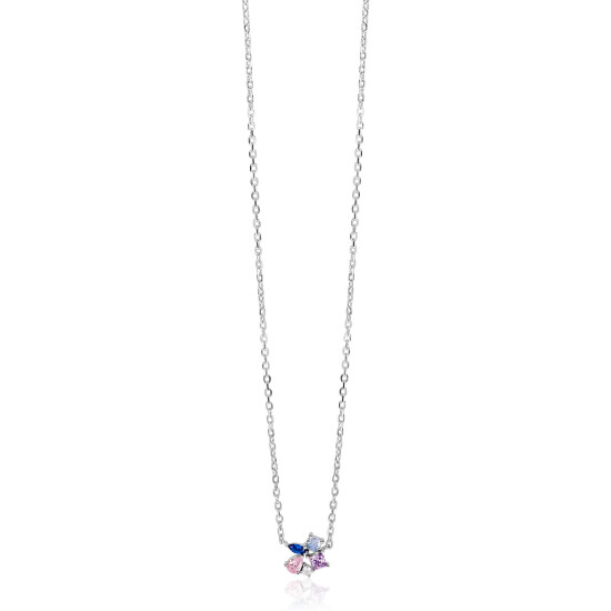 ZINZI zilveren ketting met speelse hanger (8mm) bezet met een mooie combinatie van witte, roze, paarse en blauwe kleurstenen in verschillende slijpvormen 42-45cm ZIC2866