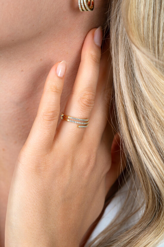 ZINZI goldplated zilveren multi-look ring (6mm breed) met 3 banen bezet met witte zirkonia’s ZIR2727Y