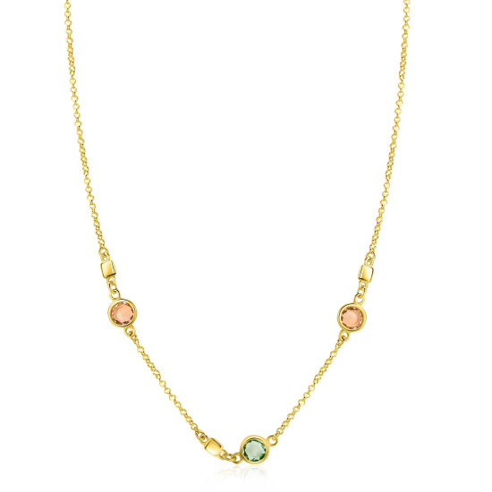 ZINZI gold plated zilveren ketting 45cm met ronde kleurstenen in zachte groen- en champagnetinten, afgewisseld met vierkante plaatjes ZIC2907