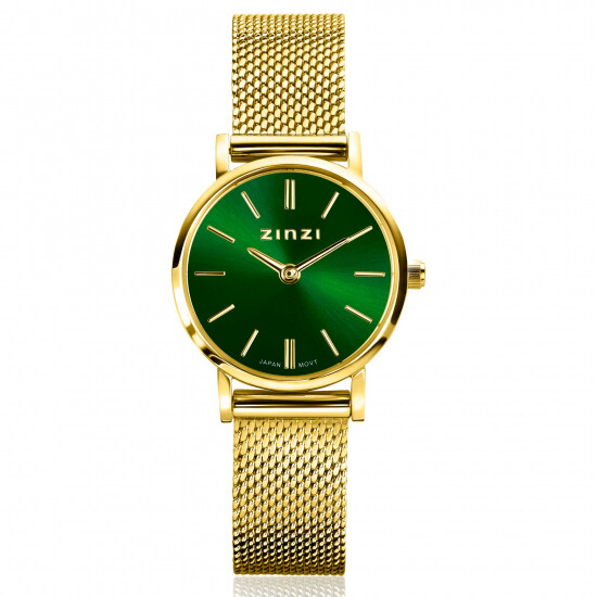 ZINZI Retro Mini horloge groene wijzerplaat, geelgoudkleurige kast en stalen mesh band, 24mm extra dun ZIW1835
