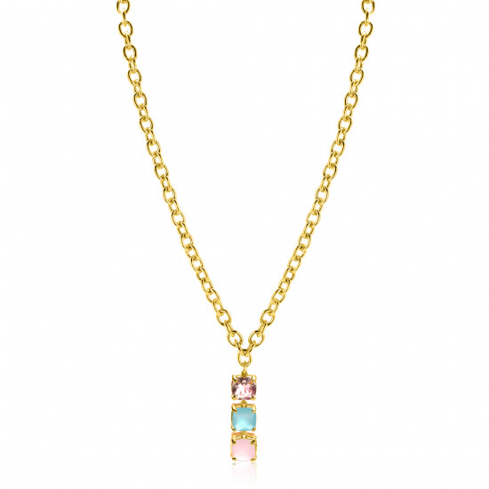 ZINZI gold plated zilveren schakel ketting 43-45cm met luxe hanger (30mm) van drie vierkante zettingen bezet met roze en turquoise kleurstenen ZIC2454