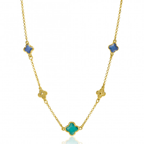ZINZI gold plated zilveren schakel ketting met twee donkerblauwe klavers en een grotere groene klaver 40-45cm ZIC2583