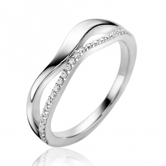 ZINZI zilveren multilook ring (6mm breed) organisch gevormd met twee golvende banen, waarvan één bezet met witte zirconia's ZIR2629