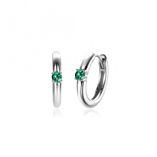 May Hoop Earrings 13mm Sterling Silver with Birthstone Green Emerald Zirconia