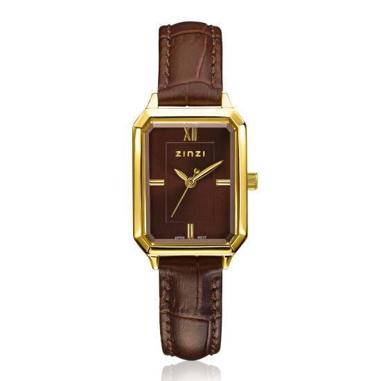 ZINZI Allure horloge 30mm achthoekige kast, bruine wijzerplaat, geelgoudkleurige kast en leren band, Japans uurwerk ZIW2536B