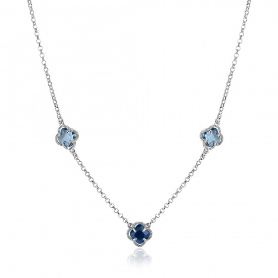 ZINZI zilveren schakelketting met twee lichtblauwe klavers en een donkerblauwe klaver 42-45cm ZIC2663B