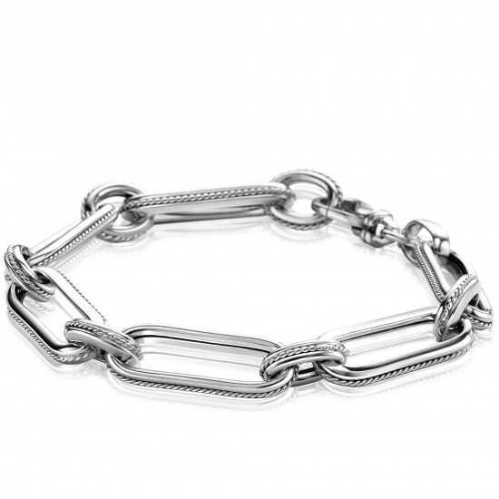 ZINZI zilveren brede schakelarmband met ovale en ronde schakels met gedraaide bewerking rondom 10mm breed en 19cm ZIA-BF82