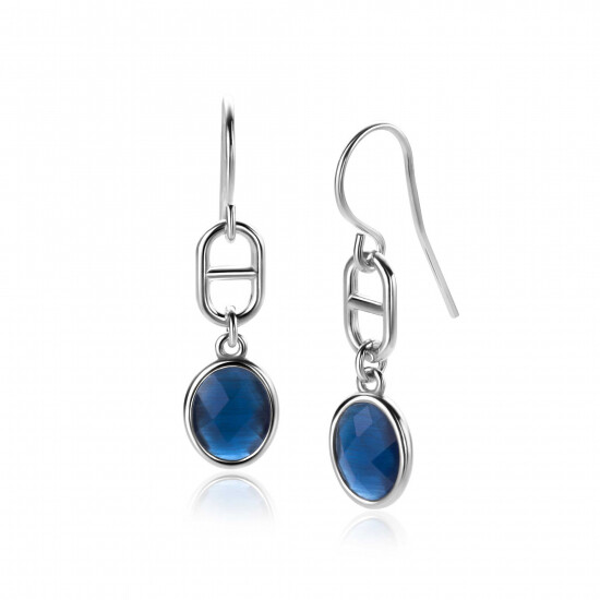 36mm ZINZI zilveren oorhangers met de populaire marine schakel en ovale zetting bezet met blauwe kleursteen ZIO-BF90