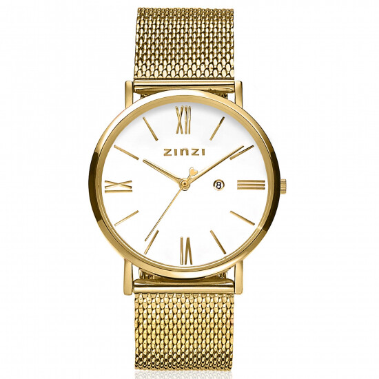 ZINZI Roman horloge witte wijzerplaat stalen kast geelgoudkleurig stalen mesh band geelgoudkleurig 34mm extra dun ZIW507M