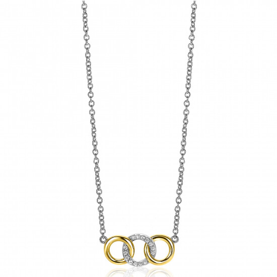 ZINZI zilveren ketting 45cm geel verguld met 3 open rondjes verbonden wit ZIC2045Y