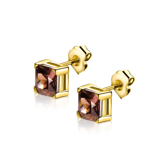 6mm ZINZI gold plated zilveren oorknoppen met vierkante bruine zirkonia ZIO-BF141
