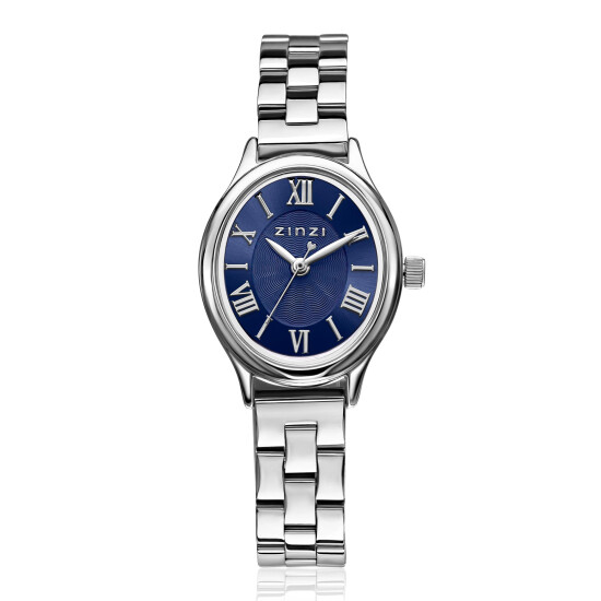 ZINZI Belle Ovale 26mm zilverkleurig horloge blauwe wijzerplaat en stalen schakelband, Japans uurwerk ZIW2955