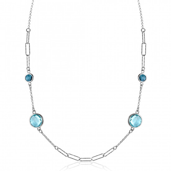 ZINZI zilveren fantasie ketting met paperclip schakels en vier ronde zettingen bezet met licht blauwe en indigo blauwe kleurstenen 40-45cm ZIC2418