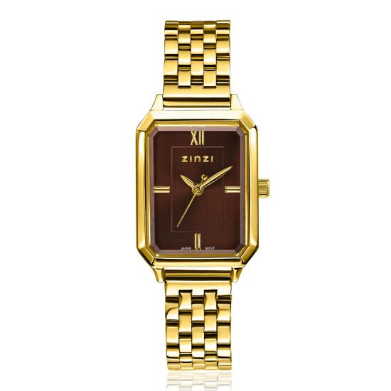 ZINZI Allure horloge 30mm achthoekige kast, bruine wijzerplaat, geelgoudkleurige stalen kast en band, Japans uurwerk ZIW2536
