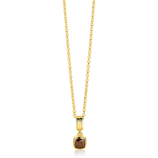 ZINZI gold plated zilveren ketting met strakke hanger bezet met vierkante bruine zirkonia 6mm 42-45cm ZIC-BF154
