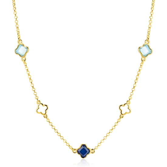ZINZI gold plated zilveren schakelketting met twee licht blauwe klavers en een saffier blauwe klaver 40-45cm ZIC2906