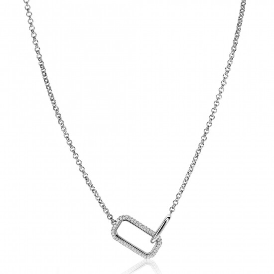 ZINZI zilveren ketting met twee verbonden schakels: een rechthoekige bezet met witte zirconia's en een gladde ovale schakel 40-45cm ZIC2551